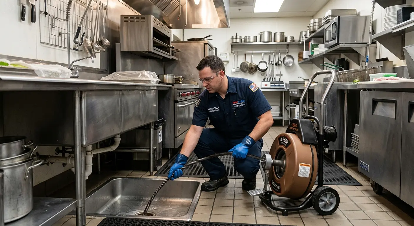 Commercial drain cleaning service in a restaurant kitchen in Cobleskill