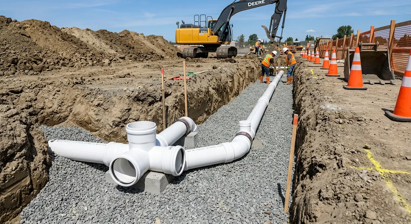 New PVC sewer pipe installation in open trench for Sewer Backup in Cobleskill