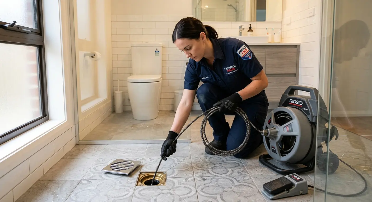 Technician clearing a bathroom floor drain for Drain Cleaning in Cobleskill